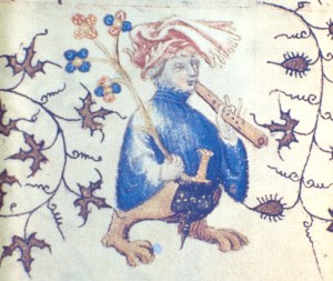 Grotesque_flutist,_French_illuminated_manuscript_illustration,_1408,_MS_Douce_144,_f.28v.
